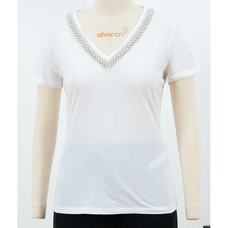 White V-Neck T-Shirt with Bead-Trim Neckline